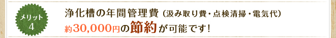 メリット4 浄化槽の年間管理費（汲み取り費・点検清掃・電気代）約30,000円の節約が可能です!